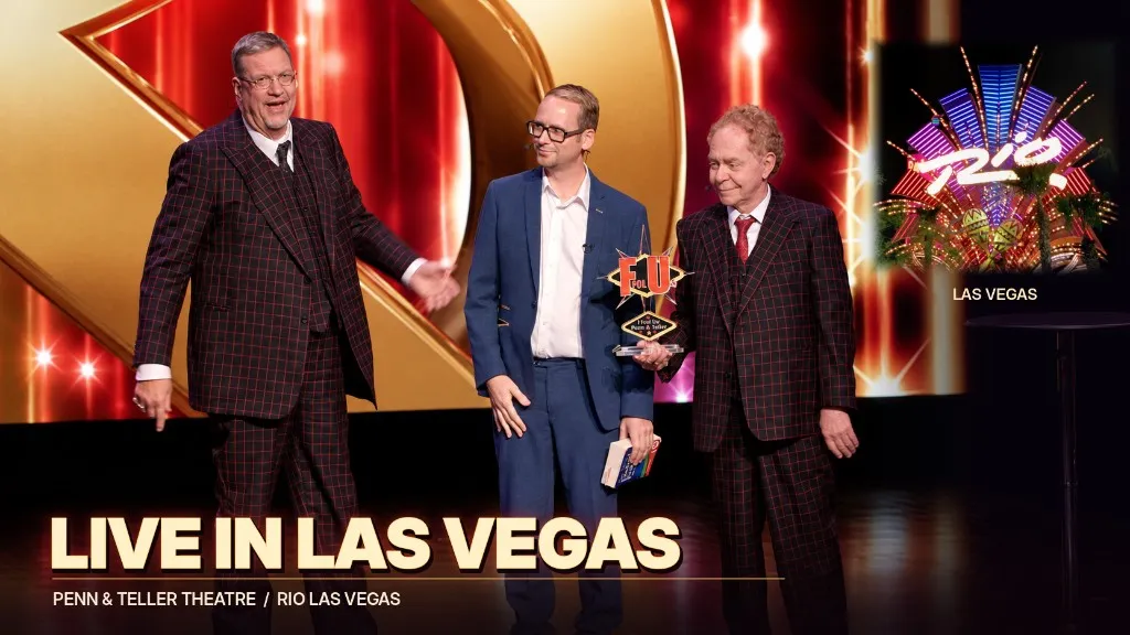 Andi Gladwin on stage with Penn and Teller at the Penn and Teller Theatre, Rio Las Vegas. Live in Las Vegas.